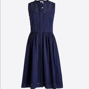 J. Crew Eyelet Pleated Dress in Navy Blue